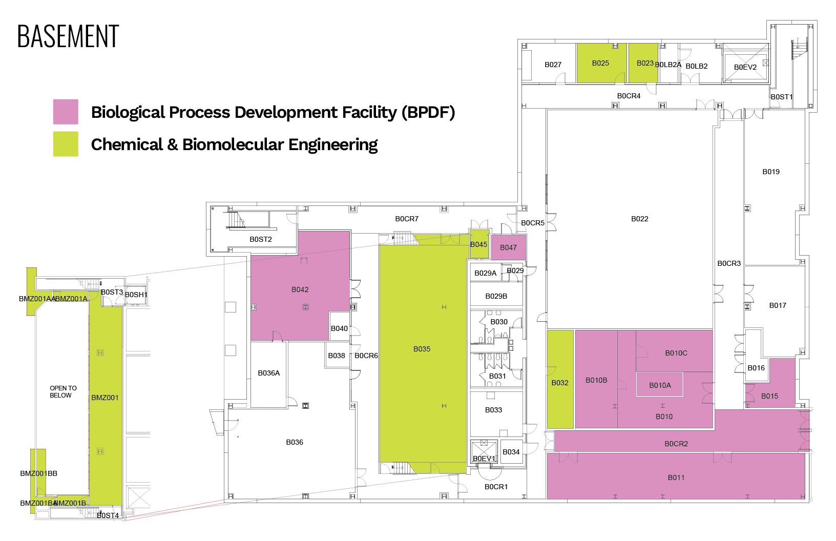Basement floor plan with labeled areas in pink and green zones indicating different departments.