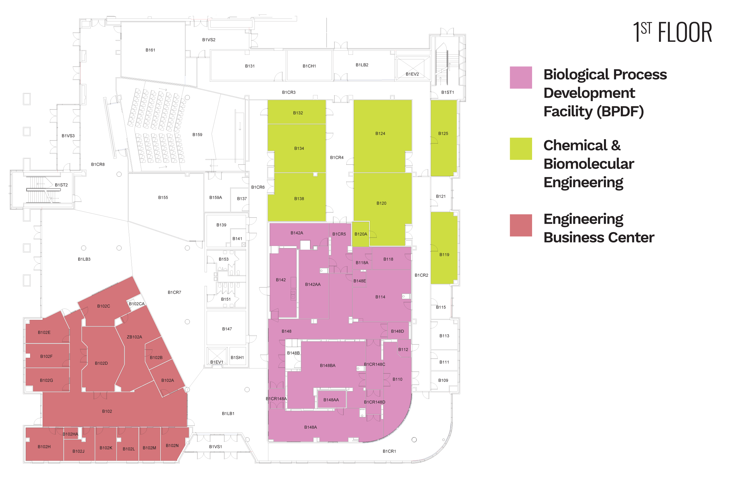 Floor plan with color-coded sections: pink for Biological Process Development Facility, green for Chemical &amp; Biomolecular Engineering, and red for Engineering Business Center.