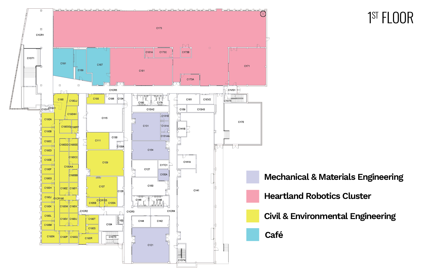 Floor plan with labeled sections in purple, pink, yellow, and blue, indicating different departments.