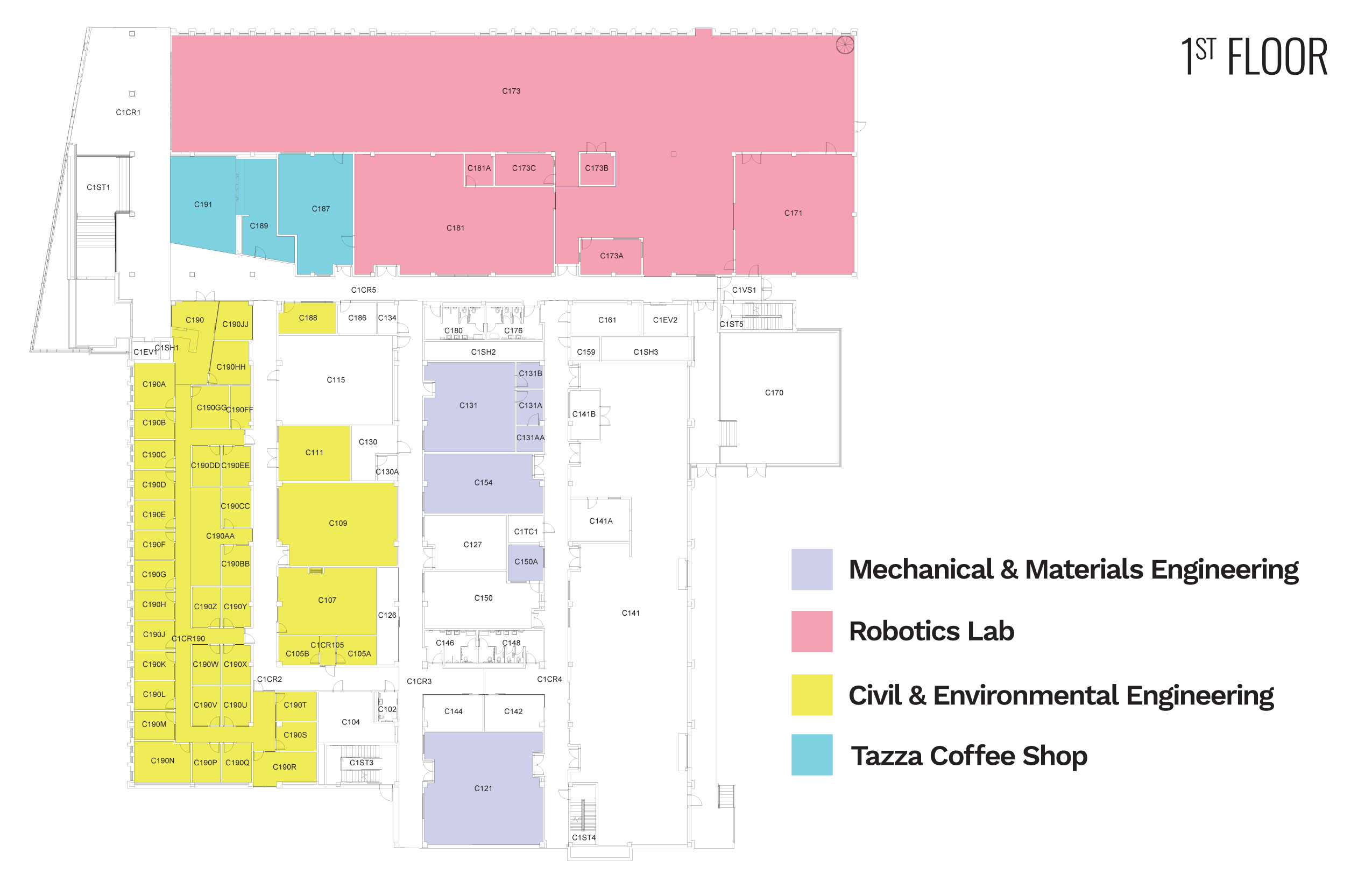 Floor plan color-coded to show Mechanical &amp; Materials Engineering, Robotics Lab, Civil &amp; Environmental Engineering, and a coffee shop.