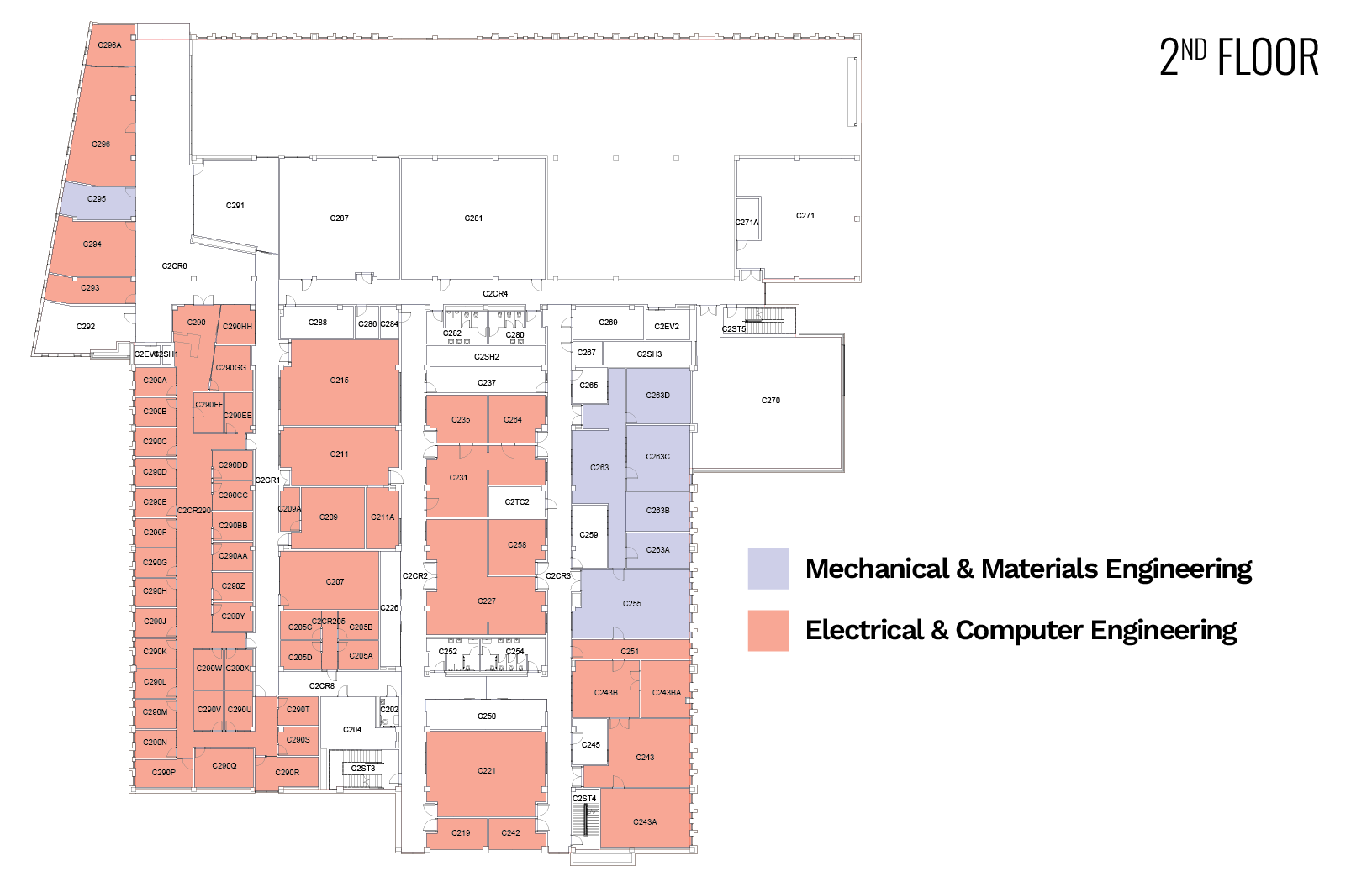Second floor layout with labeled areas for Mechanical &amp; Materials Engineering in blue and Electrical &amp; Computer Engineering in red.