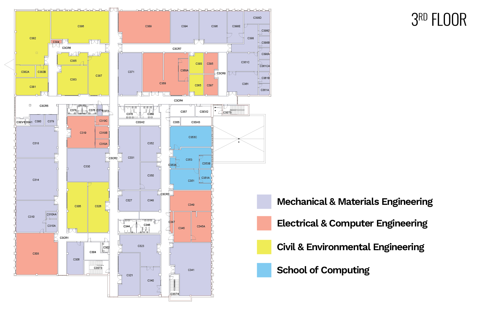Third floor floorplan with sections color-coded by academic departments.