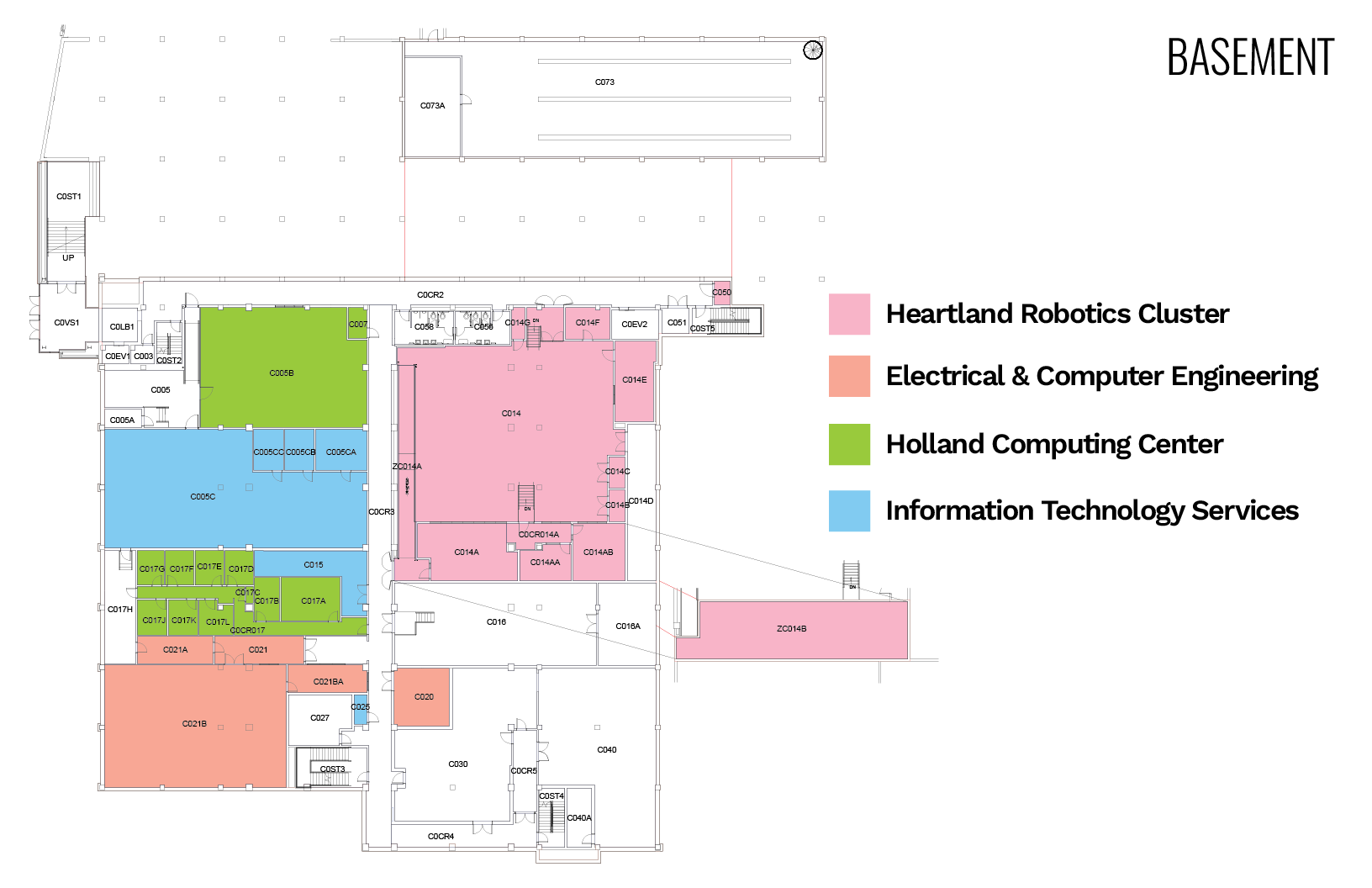 Basement floor plan with color-coded areas for different departments. Labels and legend included.