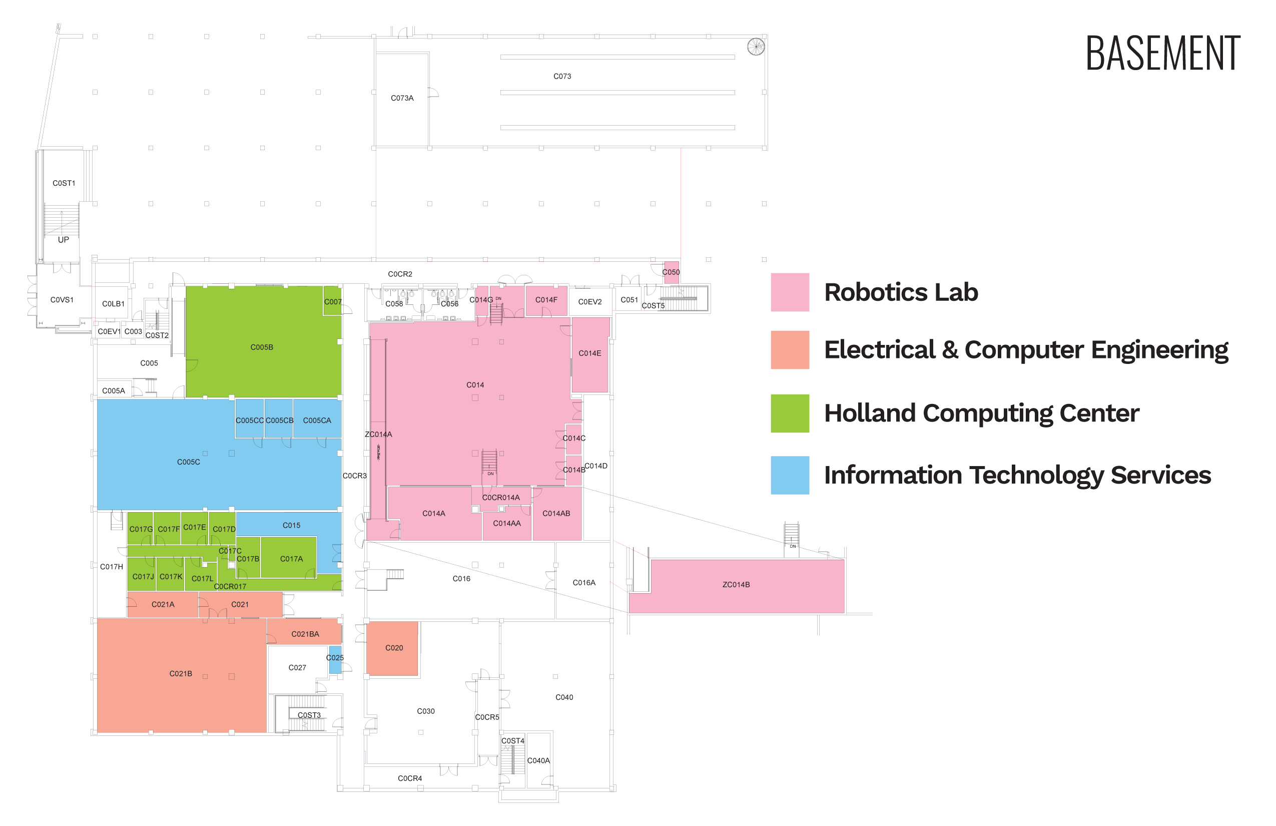 Floor plan of a basement with sections color-coded for Robotics Lab, IT, Engineering, and Computing Center.