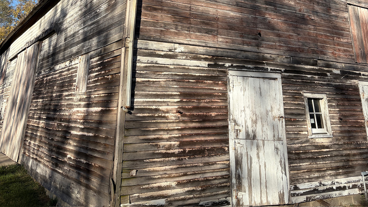 Weathered wooden barn with peeling paint, a small door, and a window, surrounded by sunlight and shadows.