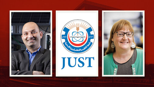Two people side by side with a logo for JUST in the center on a red backdrop.