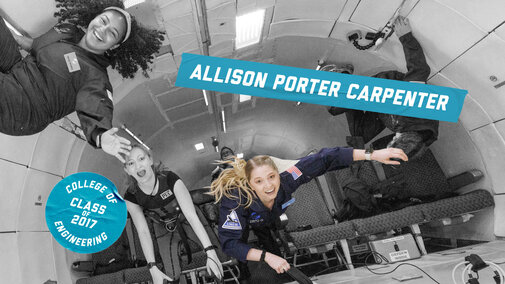 Allison Porter Carpenter seen floating in an aircraft space with two blue graphics. One reads "Allison Porter Carpenter," and the other reads "College of Engineering Class of 2017."Zero-G parabolic flight involved in a study investigating a wearable gravity countermeasure suit (“Skinsuit”)