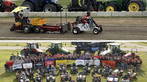 Tractor pull contest above, team photo with banners and tractors below.