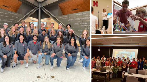 A group of students in matching outfits, a science activity, and a classroom presentation.