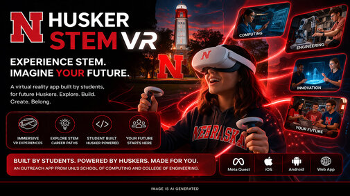 Student using VR headset with STEM visuals, red and black theme, promoting Husker STEM VR experience.