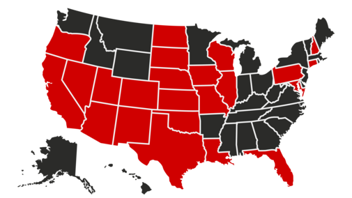 Map of the United States with states colored red and black to highlight internship and research locations. 
