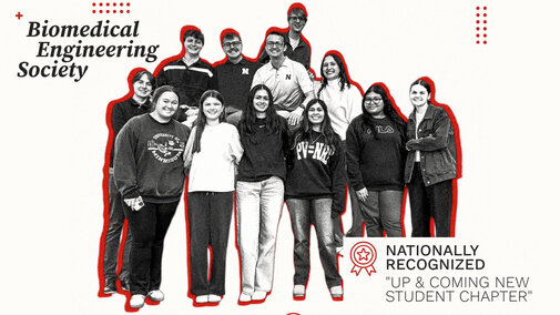 Group of students posing together, with text highlighting a nationally recognized student chapter.
