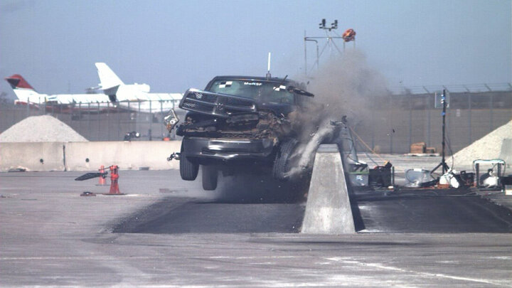 A crash test is conducted at the University of Nebraska–Lincoln’s Midwest Roadside Safety Facility.