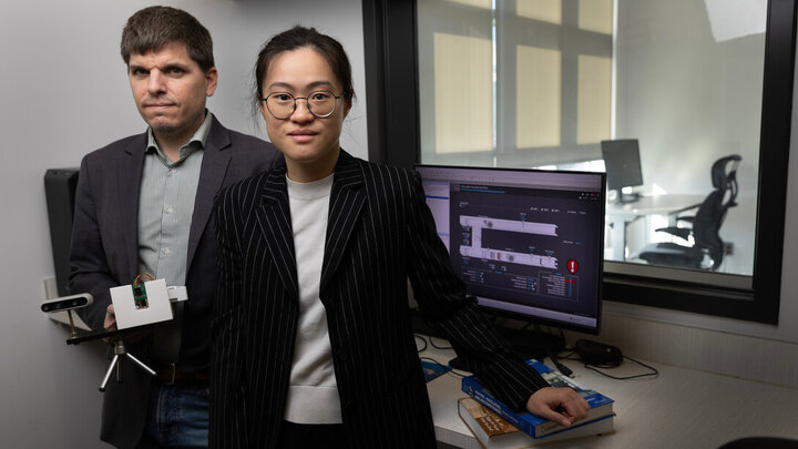 Iason Konstantzos (left) and Xiaoqi (Clare) Liu are part of a team that recently received a three-year, $1.2 million grant from the National Science Foundation to develop an artificial intelligence algorithm that dynamically and autonomously operates building systems in a way that balances energy efficiency and occupant comfort.