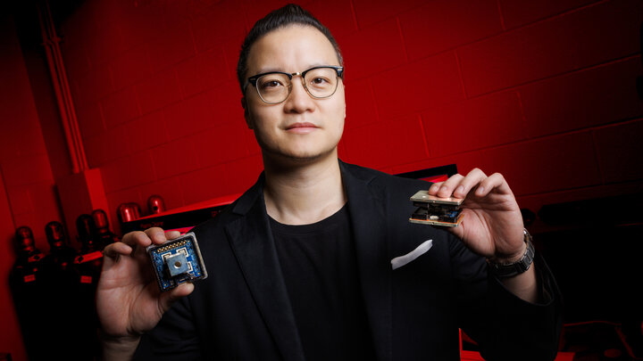 un Wang, Assistant Professor in Electrical & Computer Engineering, holds two variants of the novel 10 kV SiC MetaPak switch cells inside his lab in the Scott Engineering Center. MetaPak is a fail-safe SiC device packaging platform designed to enable next-generation, high-frequency, ultra-resilient energy infrastructure and was previously sponsored by ARPA-E IGNIITE. In the new ARPA-E VisionOPEN program, Wang will develop another novel packaging platform called LincolnPak.
