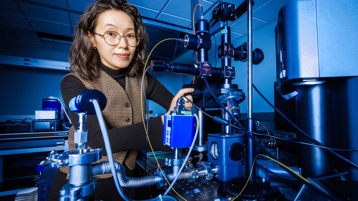 Yanan (Laura) Wang, Assistant Professor in Electrical & Computer Engineering, operates a laser interferometer inside her lab at the Engineering Research Center. Wang received a Department of Energy Early Career Research Program Award to support her work on building a “bridge” that enables individual quantum computers to communicate and network more easily. March 31, 2026. Photo by Jordan Opp / University Communication and Marketing