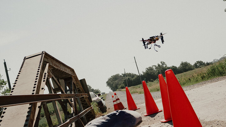 Bridge with a drone flying overhead