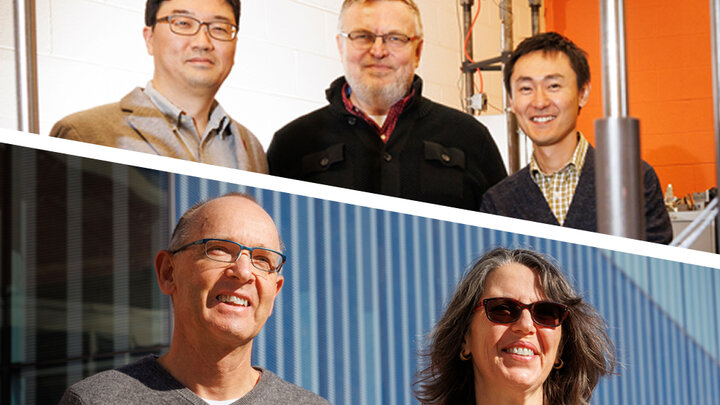 Nebraska Engineering researchers - (top photo from left) Jongwan Eun, Yuris Dzenis, and Seunghee Kim; and (bottom photo from left) Peter Sutter and Eli Sutter.