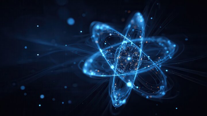 Futuristic abstract design of atom with glowing blue lines, points. Advanced tech concept for nuclear energy,
