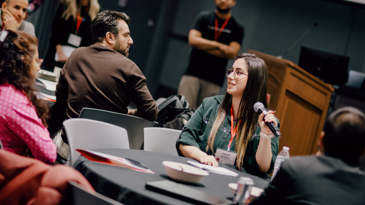 Chemica Engineering Graduate Student Tahereh Razmpour participating in a panel discussion.