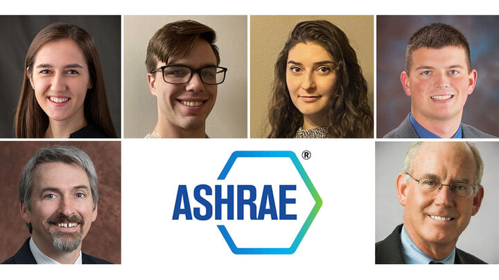 The Nebraska Engineering HVAC System Selection team consisted of students (top row, from left) Ashley Everitt, John Kramer, Jessica Lee and Mitchael Sieh; faculty advisor David Yuill (lower left) and industry mentor Joe Hazel.