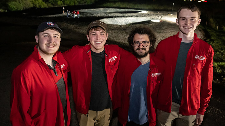 Matthew Bigge (left) and fellow SUITS team members Peyton Comer, Joseph Seibel, and Charlie McIver during Testing Week at the NASA Johnson Space Center.