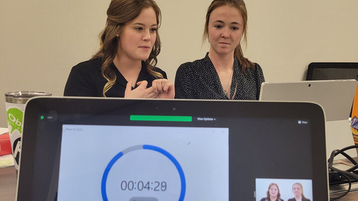 Cassie Perry (left), a junior chemical engineering major, and Mary Ankenbauer, a senior mechanical engineering major, teamed up to reach the semifinals of the Lockheed Martin Ethics in Engineering Case Competition