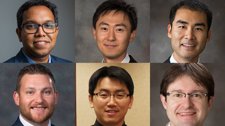 Six Nebraska Engineering faculty - (clockwise from top left) Nirupam Aich, Seunghee Kim, Xu Li, Massimiliano Pierobon, Jae Sung Park, and Eric Markvicka