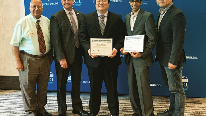 Maher Tadros, distinguished emeritus professor of civil and environmental engineering (CEE), Bob Risser, president and CEO of PCI, David Gee, a structural engineer at e.Construct and former graduate student in CEE, Micheal Assad, a structural engineer at Kiewit and former graduate student in CEE, and Chungwook Sim, assistant professor of CEE. 