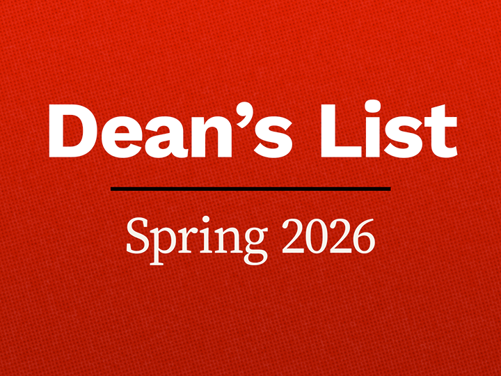 Dean’s List, Spring 2026, white text on red textured background.