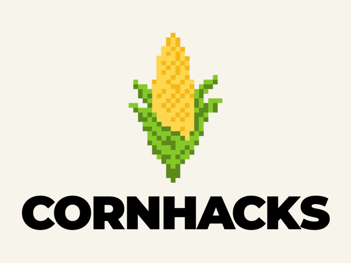 Pixel art corn above bold black "CORNHACKS" text on a light beige background.