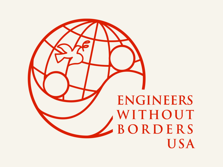 Red logo of Engineers Without Borders USA featuring a globe, dove, and abstract waves.