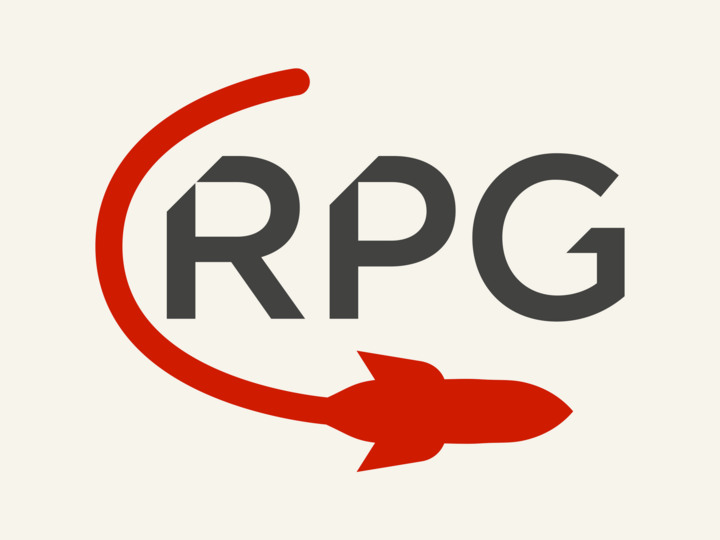 RPG text with red rocket graphic curving upward on a beige background.