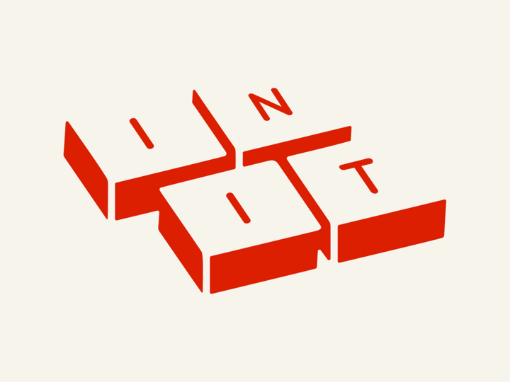 Red geometric logo with blocky text on a cream background.