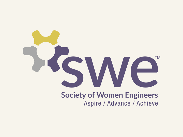 SWE logo with a gear design and the text "Society of Women Engineers, Aspire / Advance / Achieve."