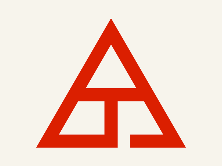 Red geometric logo with a triangle and three segments on a beige background.