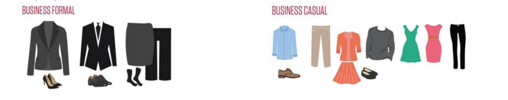 Business formal attire includes suits and shoes; business casual features relaxed shirts, skirts, and dresses.