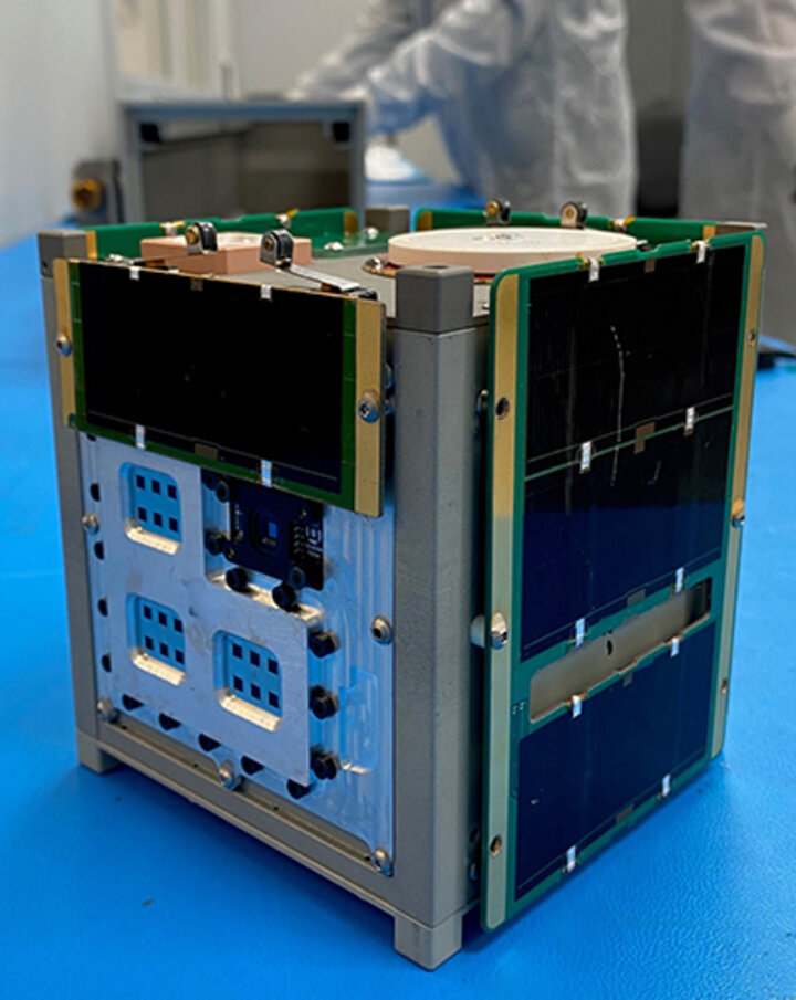 The Big Red Satellite Team's experimental satellite, which will test the performance and durability of perovskite solar cells in outer space, measures about four inches on each size or roughly the size of a cubed tissue box.