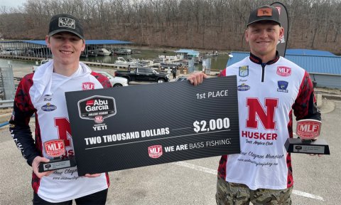 Trevor Schleich (right), a graduate student in construction engineering and management, and Brett Lubeck, a freshman agribusiness major, won the MLF Abu Garcia Collegiate Fishing Tournament on March 20, 2023, at Lake of the Ozarks, Missouri.