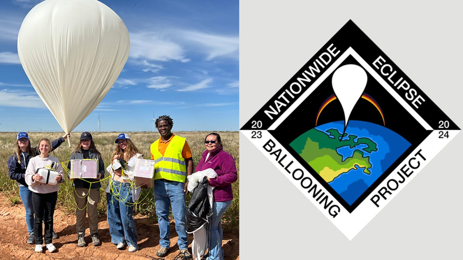 Nebraska AXP team members (left) launched balloons in Roswell, New Mexico during the October 2023 annular eclipse and will launch two balloons on April 8, 2024 during a total eclipse as part of the Nationwide Eclipse Ballooning Project, for which mechanical engineering student Isaac Cade designed the logo (right).