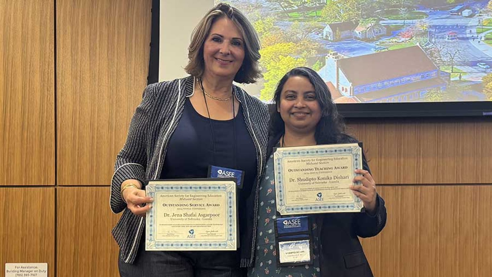 At the 2024 ASEE Midwest Section Conference, Jena Asgarpoor (left) received the Excellence in Service Award, and Shudipto Dishari received the Outstanding Teaching Award.