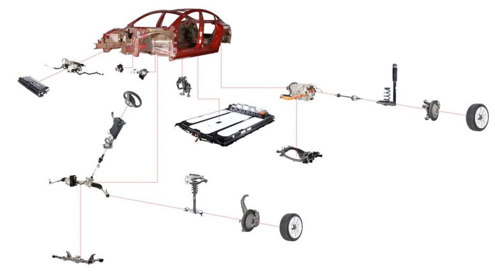 Deconstructed parts of a Tesla Model, photo provided by Caresoft images.