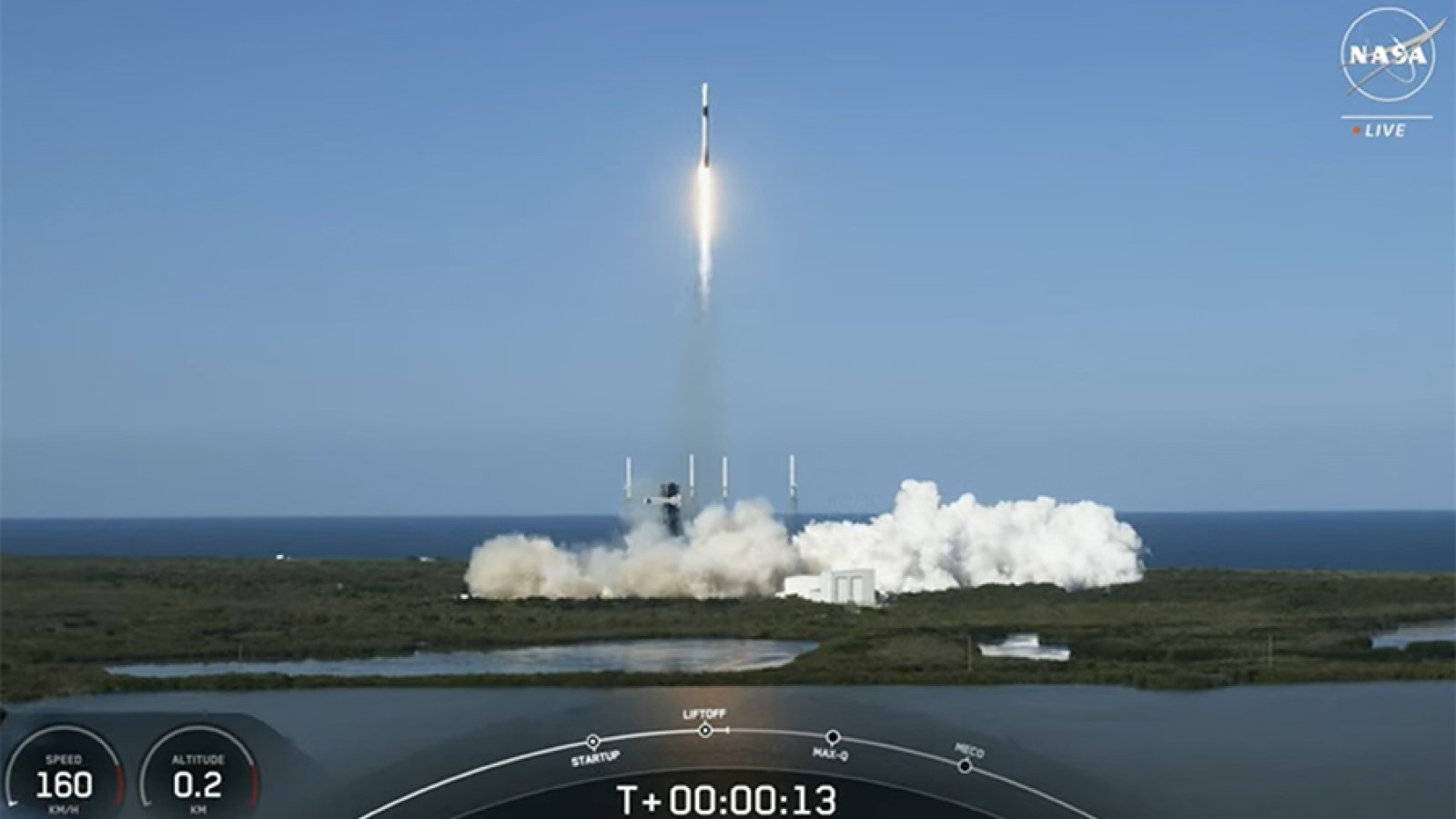 A Falcon 9 rocket carrying an experimental satellite designed by the Big Red Satellite team at the University of Nebraska-Lincoln hurtles toward outer space only seconds after launching from Florida on March 21, 2024. (Screen capture from NASA livestream / YouTube)