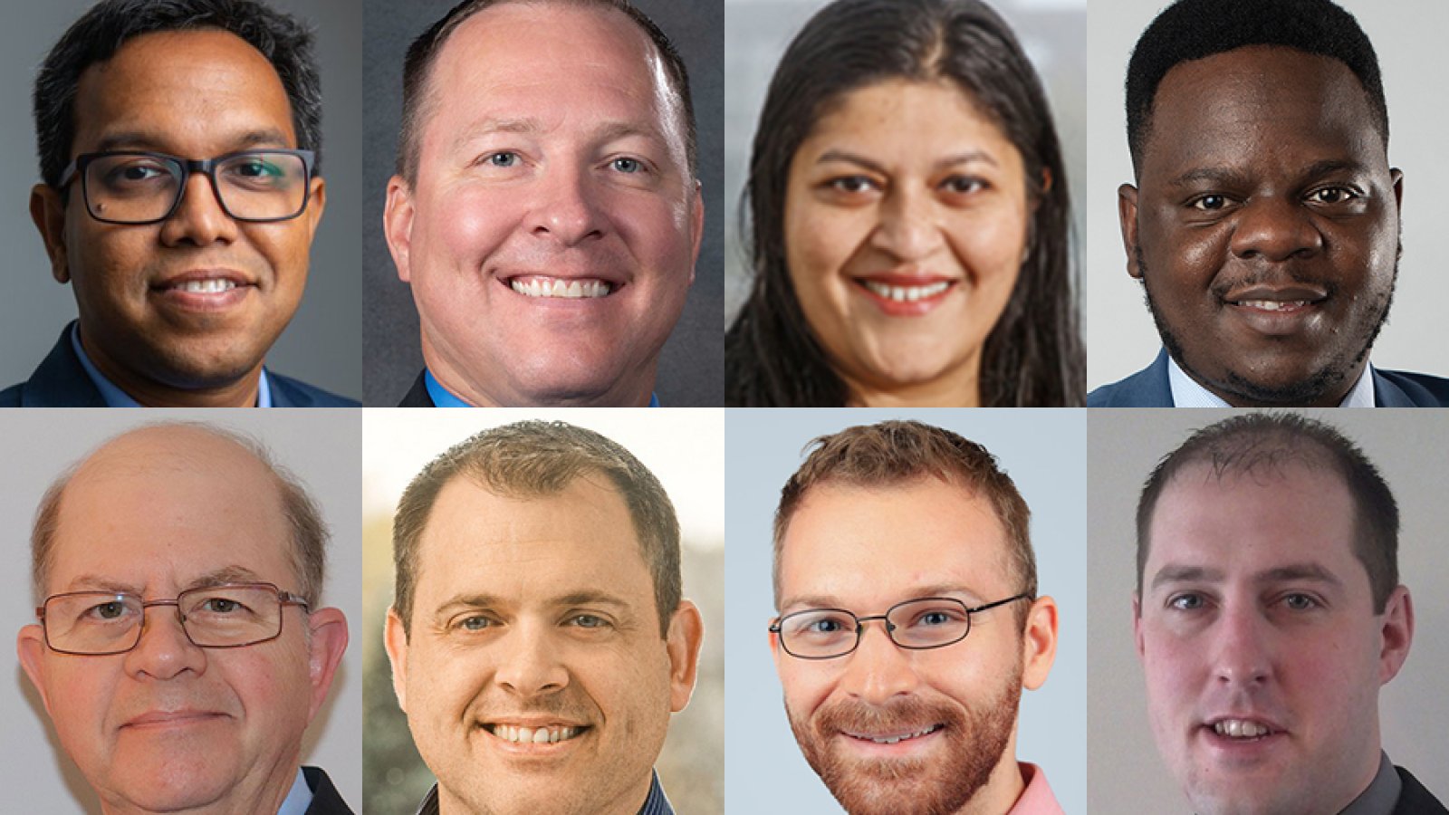 Eight new faculty joined the College of Engineering in the fall semester 2023 - (clockwise from top left) Nirupam Aich, Jeffrey Falkinburg, Bhuvaneswari Gopal, Abia Katimbo, Craig Zuhlke, Seth Polsley, Andre Messner and Neal Lewis.